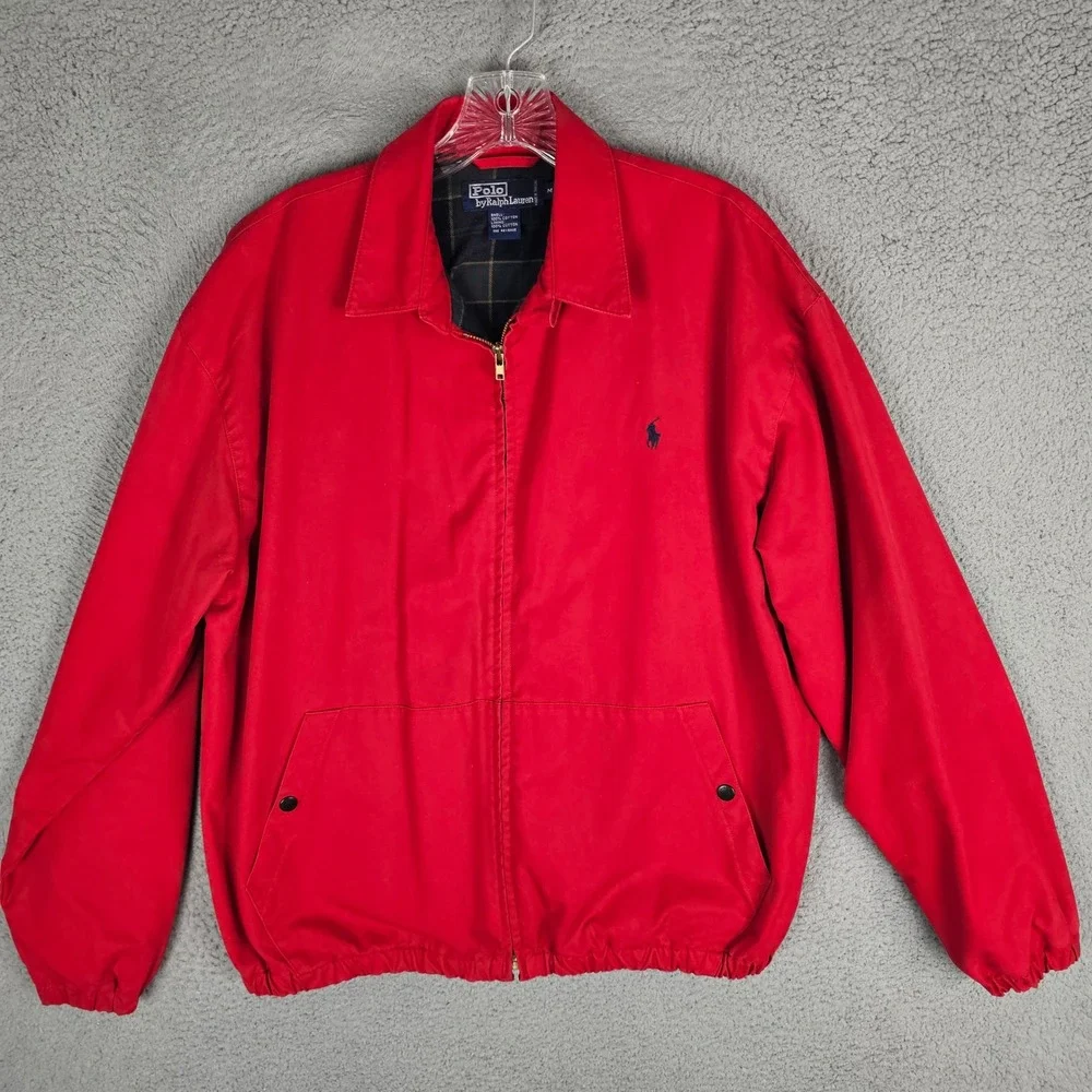 Polo Ralph Lauren Jacket Mens M Red Harrington Plaid Lined Full Zip Pony Vintage